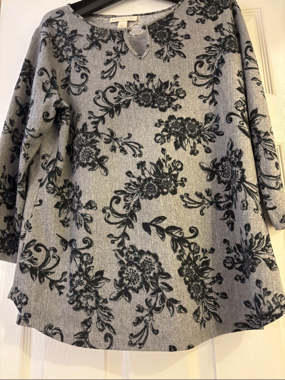 Grey Floral Flocked Tunic with Keyhole Detail
